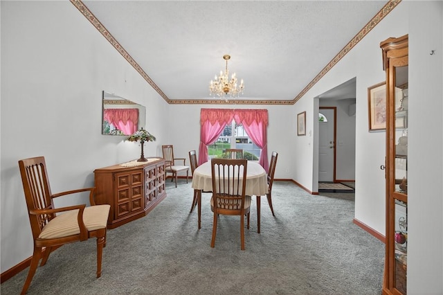 7219 Apple St, Bath, NY 14810 - carpeted dining room featuring crown molding, a chandelier, and vaulted ceiling