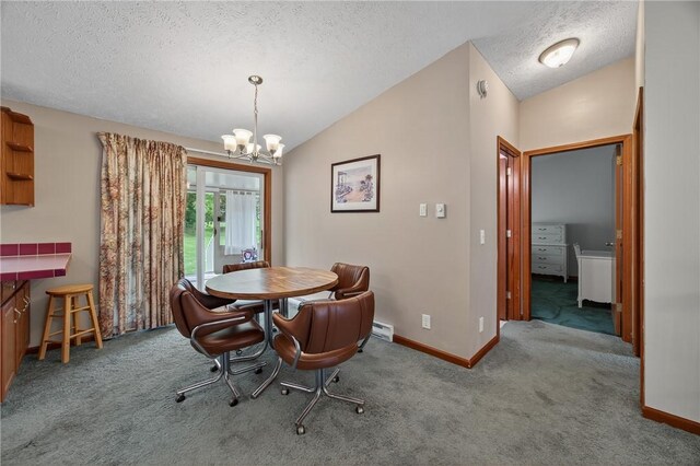 7219 Apple St, Bath, NY 14810 - carpeted dining space with lofted ceiling, a chandelier, a textured ceiling, and baseboard heating