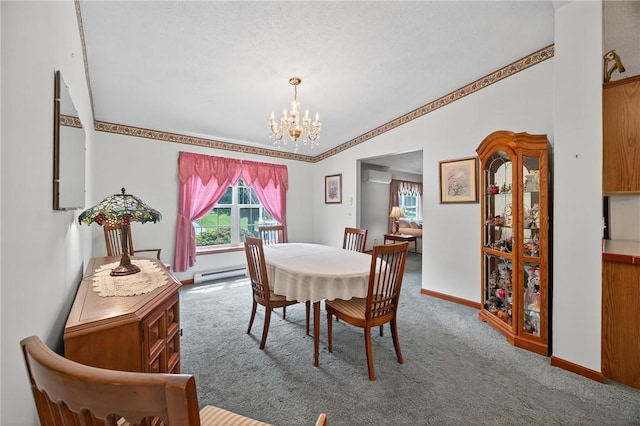 7219 Apple St, Bath, NY 14810 - dining room featuring a baseboard heating unit, a chandelier, carpet flooring, an AC wall unit, and ornamental molding