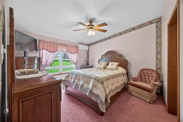7219 Apple St, Bath, NY 14810 - bedroom with a wall mounted air conditioner, light carpet, and ceiling fan