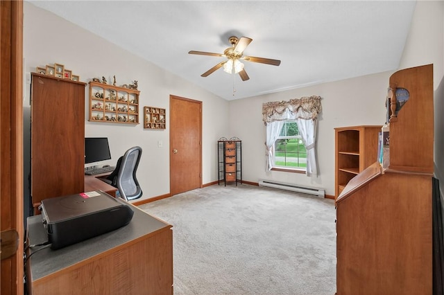 7219 Apple St, Bath, NY 14810 - office area with a baseboard radiator, ceiling fan, carpet flooring, and vaulted ceiling