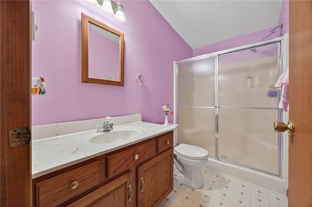 7219 Apple St, Bath, NY 14810 - full bathroom featuring vanity, a shower stall, tile patterned floors, and vaulted ceiling