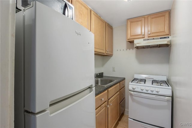 101 Comstock Ave, Syracuse, NY 13210 - kitchen featuring white appliances, under cabinet range hood, dark countertops, and light wood-type flooring
