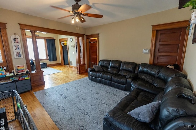 2228-30 Grant Blvd Unit 30, Syracuse, NY 13208 - living area with a ceiling fan, light wood-type flooring, and ornate columns