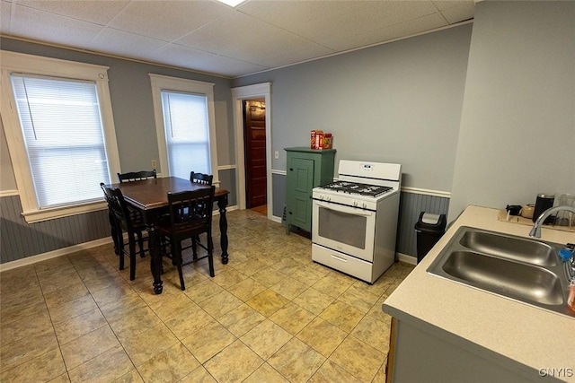 2228-30 Grant Blvd Unit 30, Syracuse, NY 13208 - kitchen with white gas range, green cabinetry, light countertops, and wainscoting