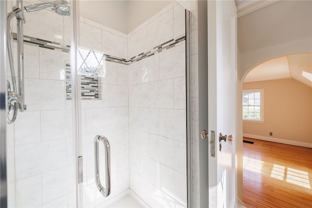 441 Claybourne Rd, Brighton, NY 14618 - full bath featuring a shower stall, wood finished floors, and lofted ceiling