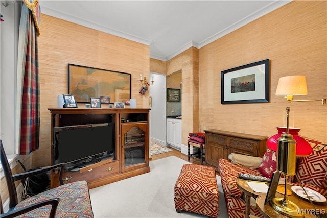 107 Oakland Pl Unit 1, Buffalo, NY 14222 - living room with ornamental molding and carpet flooring