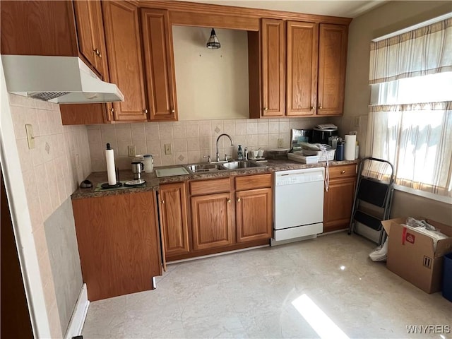 2461 Linwood Ave, Niagara Falls, NY 14305 - kitchen featuring dishwasher, under cabinet range hood, and brown cabinets
