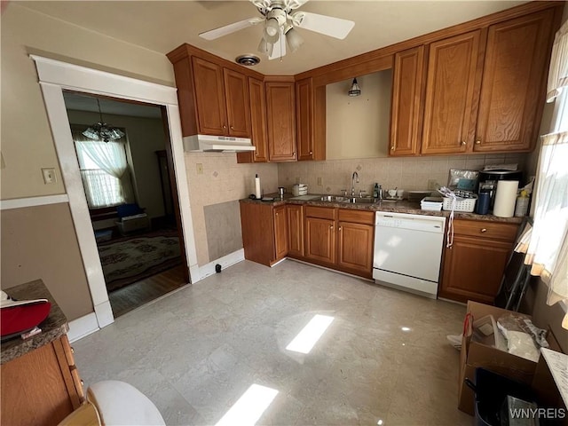 2461 Linwood Ave, Niagara Falls, NY 14305 - kitchen featuring white dishwasher, under cabinet range hood, brown cabinets, dark countertops, and backsplash