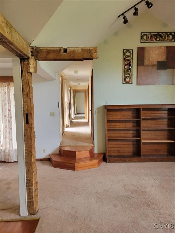 5465 Ridge Rd, Fleming, NY 13021 - hall with vaulted ceiling, rail lighting, and carpet flooring