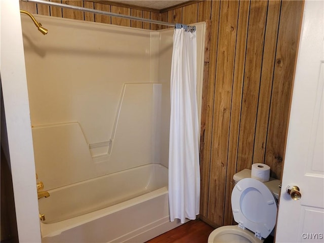 5465 Ridge Rd, Fleming, NY 13021 - full bath with wood walls, shower / bath combo, and wood finished floors
