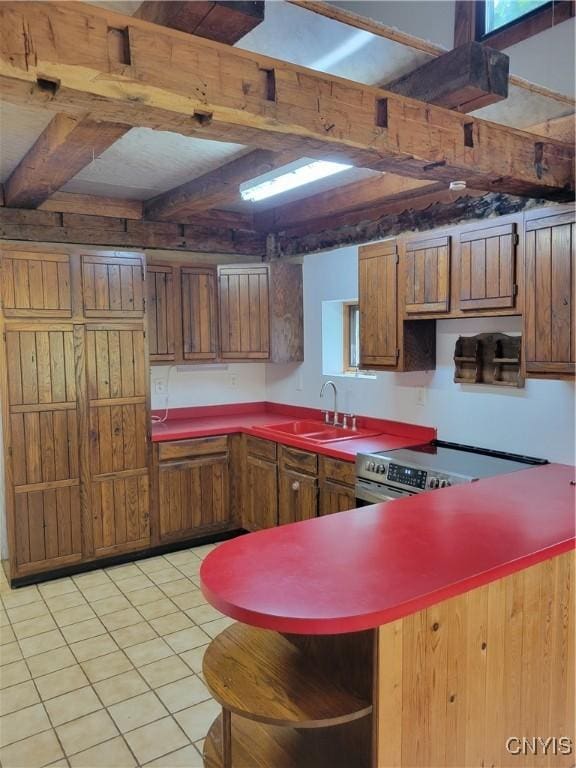 5465 Ridge Rd, Fleming, NY 13021 - kitchen featuring beam ceiling, brown cabinetry, stainless steel range with electric stovetop, and a peninsula