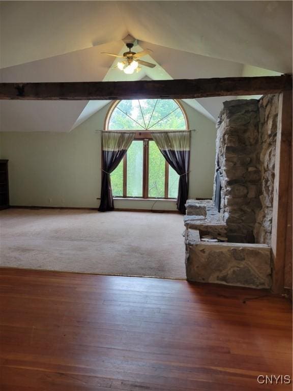 5465 Ridge Rd, Fleming, NY 13021 - unfurnished living room with ceiling fan, lofted ceiling, and wood-type flooring