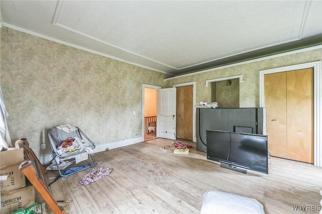 6192 Scudder Rd, Bath, NY 14879 - unfurnished office with wood finished floors, crown molding, and wallpapered walls