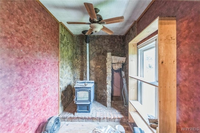6192 Scudder Rd, Bath, NY 14879 - exterior space with a wood stove and a ceiling fan