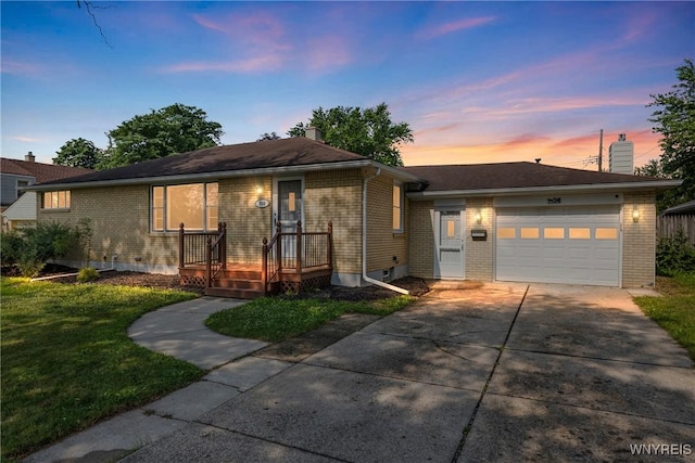 202 Waltercrest, West Seneca, NY 14224 - ranch-style house with driveway, brick siding, a garage, a chimney, and a front lawn