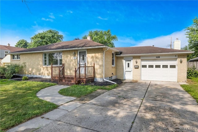 202 Waltercrest, West Seneca, NY 14224 - ranch-style house featuring driveway, brick siding, an attached garage, a chimney, and a front lawn