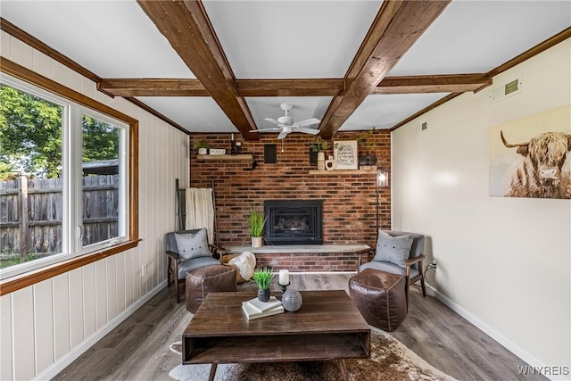 202 Waltercrest, West Seneca, NY 14224 - living room with wood finished floors, ceiling fan, beam ceiling, a brick fireplace, and coffered ceiling