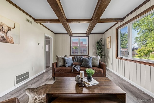 202 Waltercrest, West Seneca, NY 14224 - living room featuring wood finished floors, beam ceiling, and coffered ceiling
