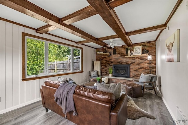 202 Waltercrest, West Seneca, NY 14224 - living area featuring wood finished floors, beam ceiling, a fireplace, ceiling fan, and coffered ceiling