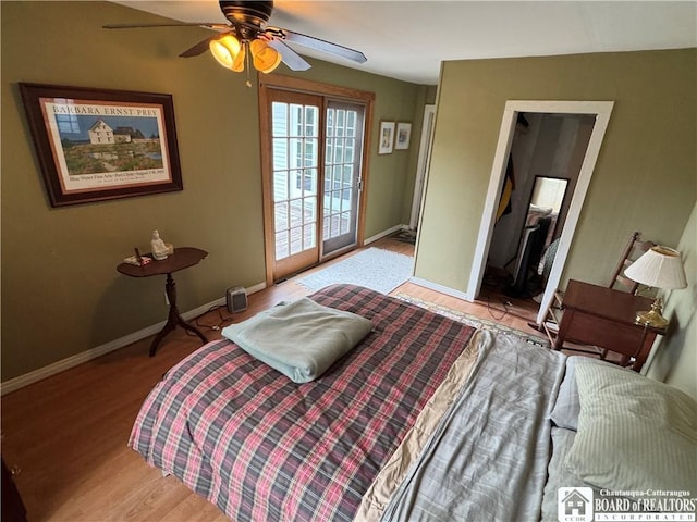5469 E Lake Rd, Chautauqua, NY 14728 - bedroom featuring access to exterior, light wood-style flooring, and a ceiling fan