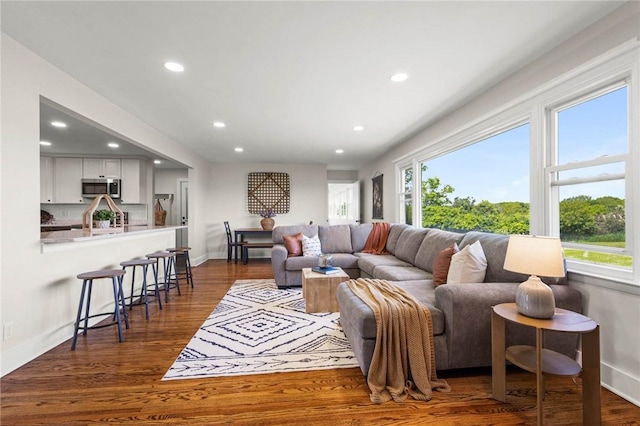 8281 E Main Rd, Leroy, NY 14482 - living room featuring recessed lighting and dark wood-type flooring