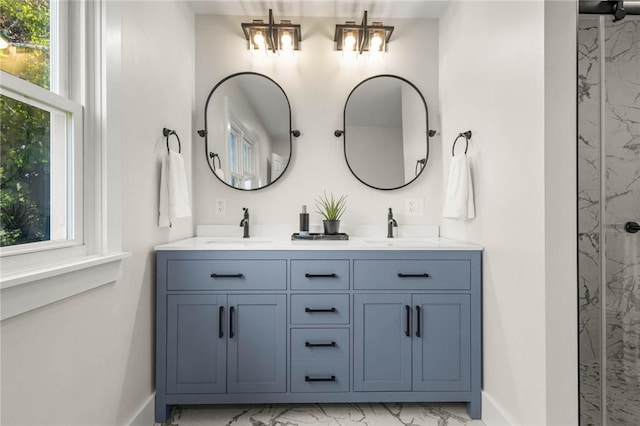 8281 E Main Rd, Leroy, NY 14482 - bathroom featuring marble finish flooring, double vanity, and a marble finish shower