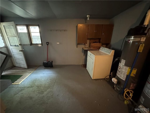 360 Longnecker St, Buffalo, NY 14206 - interior space featuring washer / clothes dryer, water heater, unfinished concrete flooring, and brown cabinetry