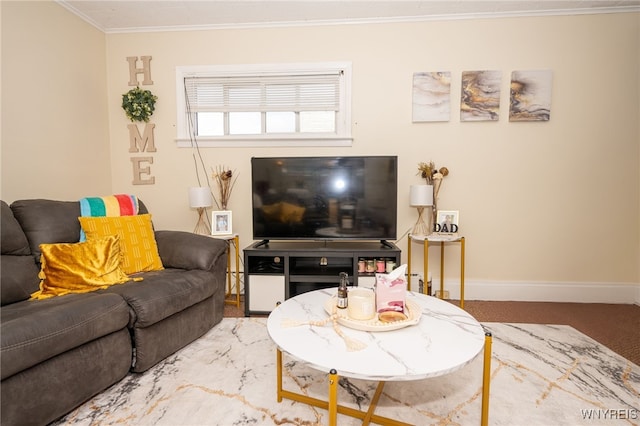 2363 Niagara St, Buffalo, NY 14207 - carpeted living room featuring ornamental molding and baseboards