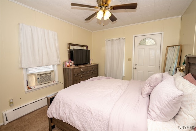 2363 Niagara St, Buffalo, NY 14207 - bedroom featuring a baseboard radiator, crown molding, carpet, and ceiling fan
