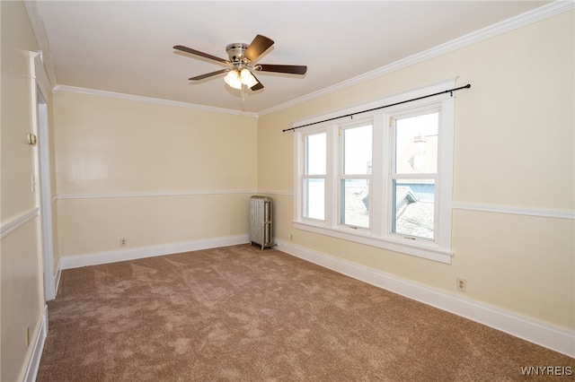 2363 Niagara St, Buffalo, NY 14207 - unfurnished room featuring radiator heating unit, carpet, crown molding, and a ceiling fan
