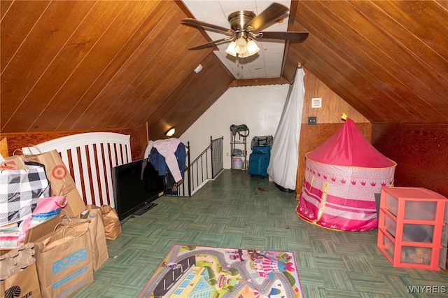 2363 Niagara St, Buffalo, NY 14207 - bedroom featuring lofted ceiling, wood ceiling, wood walls, and ceiling fan