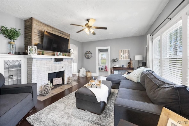 567 Grant Blvd, Syracuse, NY 13203 - living area featuring ceiling fan, plenty of natural light, a fireplace, and wood finished floors