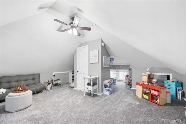 567 Grant Blvd, Syracuse, NY 13203 - recreation room with vaulted ceiling, carpet floors, and a ceiling fan