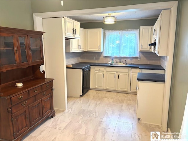 11 Elm St, Hanover, NY 14136 - kitchen featuring black dishwasher, dark countertops, backsplash, light marble finish flooring, and extractor fan