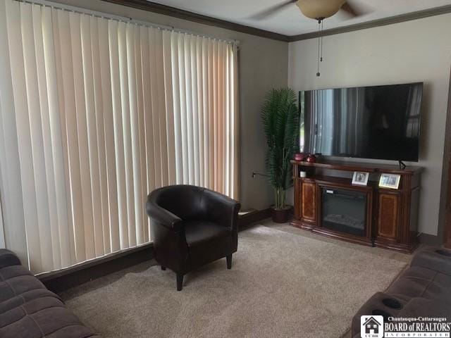 6 Dean St, Randolph, NY 14772 - carpeted living area featuring ornamental molding, a ceiling fan, and a glass covered fireplace