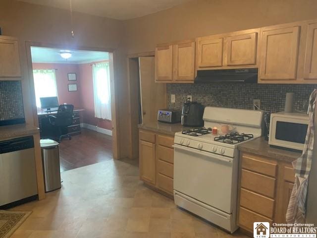 6 Dean St, Randolph, NY 14772 - kitchen featuring white appliances, exhaust hood, light flooring, backsplash, and an office area