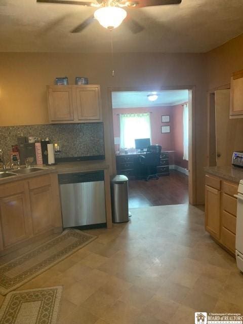 6 Dean St, Randolph, NY 14772 - kitchen with dishwasher, a ceiling fan, light floors, and tasteful backsplash
