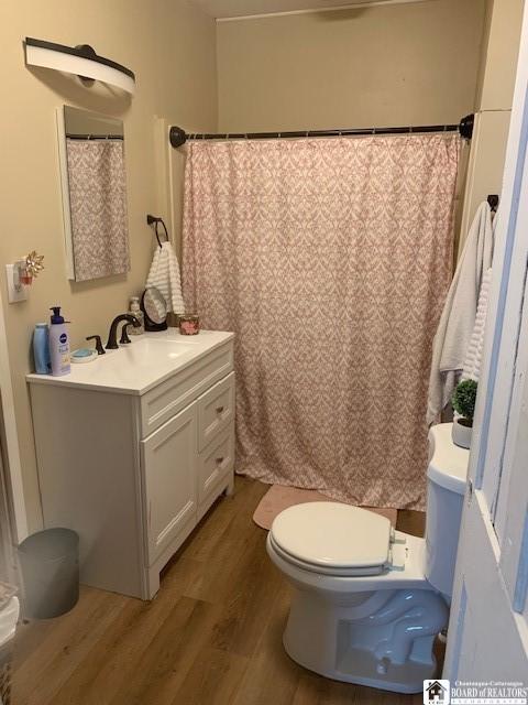 6 Dean St, Randolph, NY 14772 - bathroom with wood finished floors, vanity, and a shower with curtain