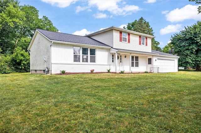 42 Twin Circle Dr, Gates, NY 14624 - view of front of property featuring a front lawn, covered porch, an attached garage, and brick siding