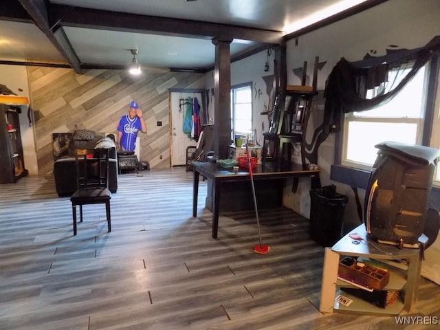 218 Strauss St, Buffalo, NY 14211 - misc room with plenty of natural light, wooden walls, wood finished floors, and beam ceiling