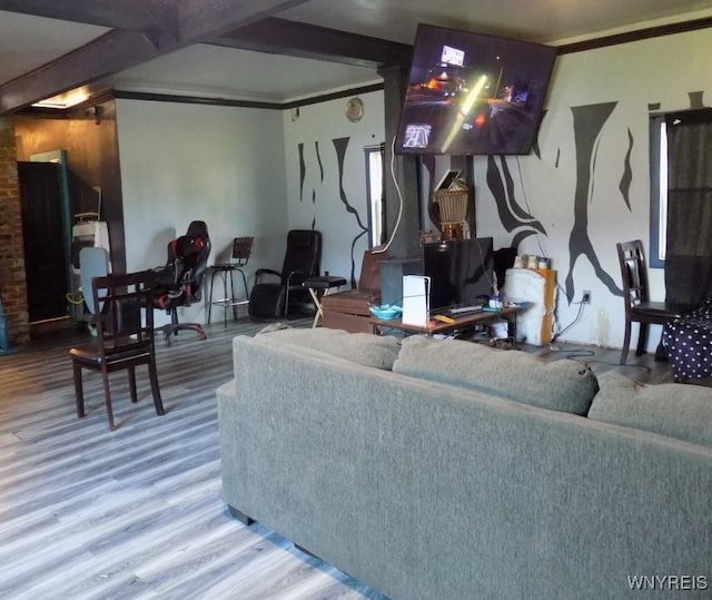 218 Strauss St, Buffalo, NY 14211 - living area featuring wood finished floors, ornamental molding, and beamed ceiling