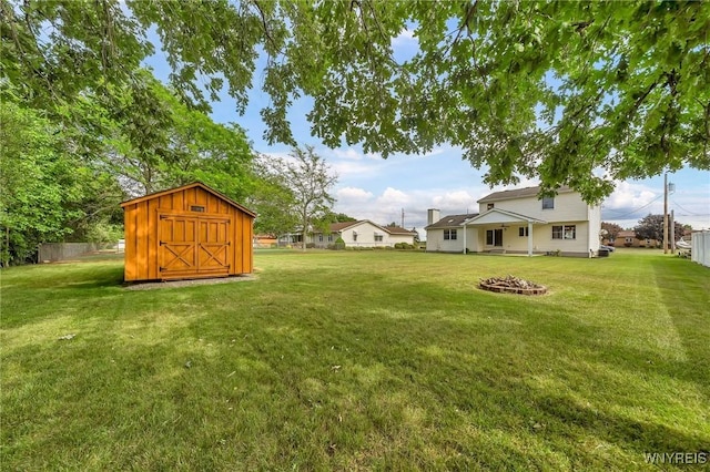 6103 Reger Dr, Lockport Town, NY 14094 - view of green lawn featuring a storage shed and an outdoor fire pit