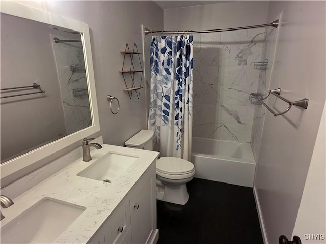 3978 Thrush Ln, Clay, NY 13090 - bathroom featuring shower / bathtub combination with curtain and double vanity