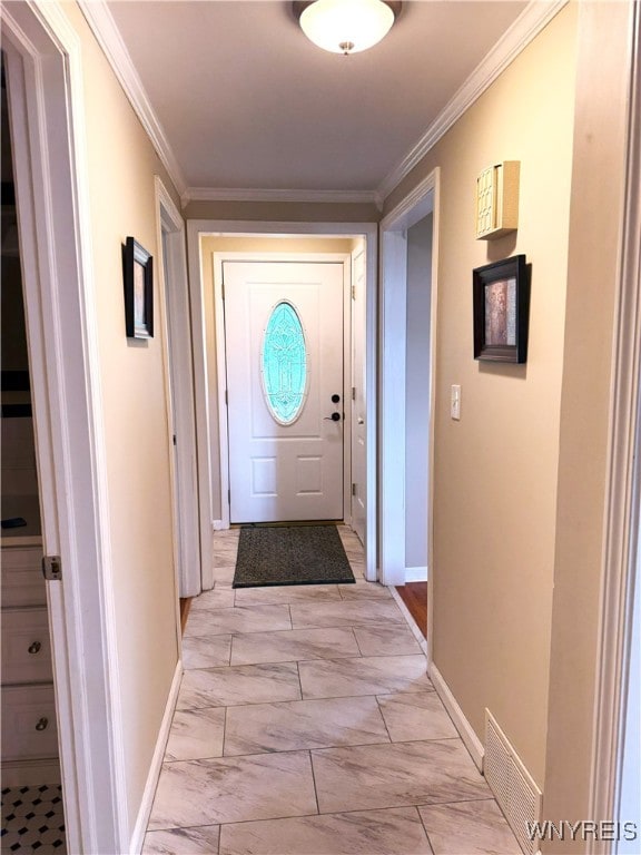 653 S S Colony Rd, Grand Island, NY 14072 - doorway to outside featuring light marble finish flooring and crown molding