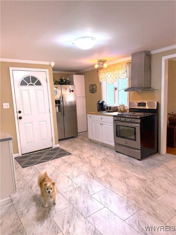653 S S Colony Rd, Grand Island, NY 14072 - kitchen with stainless steel appliances, wall chimney exhaust hood, crown molding, white cabinets, and light marble finish floors