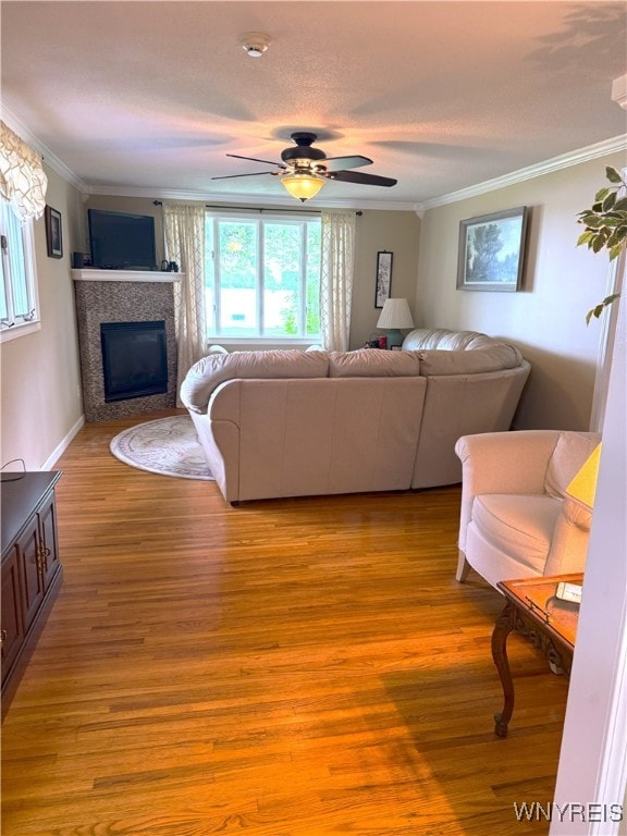 653 S S Colony Rd, Grand Island, NY 14072 - living room featuring ornamental molding, a tile fireplace, ceiling fan, light wood-style floors, and a textured ceiling