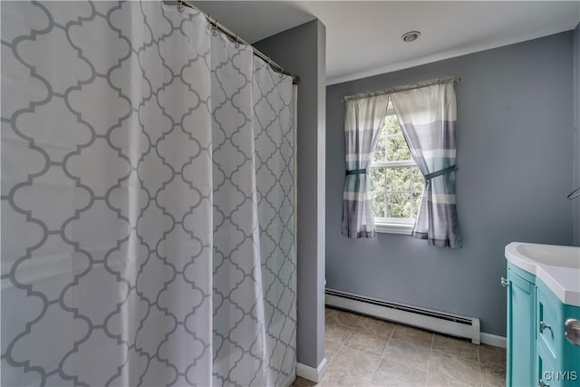 35095 State Route 3, Wilna, NY 13619 - full bath featuring a baseboard radiator, vanity, ornamental molding, and a shower with curtain