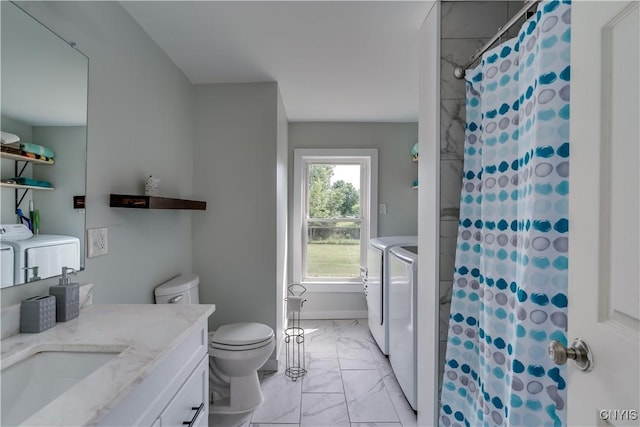 13051 State Route 3, Hounsfield, NY 13685 - bathroom featuring washer and dryer, marble finish floors, vanity, and a shower with curtain