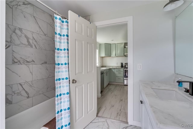 13051 State Route 3, Hounsfield, NY 13685 - bathroom featuring marble finish floors, vanity, and shower / bathtub combination with curtain